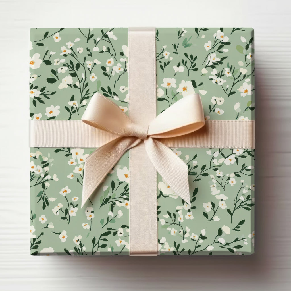 Elegant Floral Green Gift Box with Cream Ribbon Gift Wrap