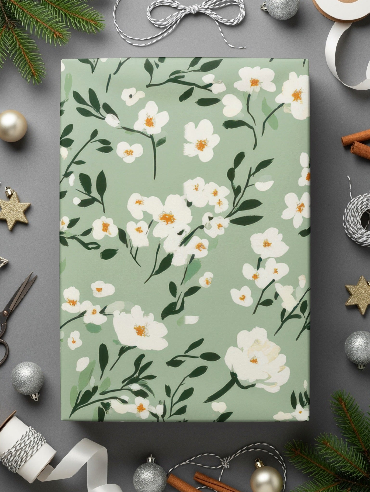 Festive Green Floral Gift Wrapping Paper for Holidays