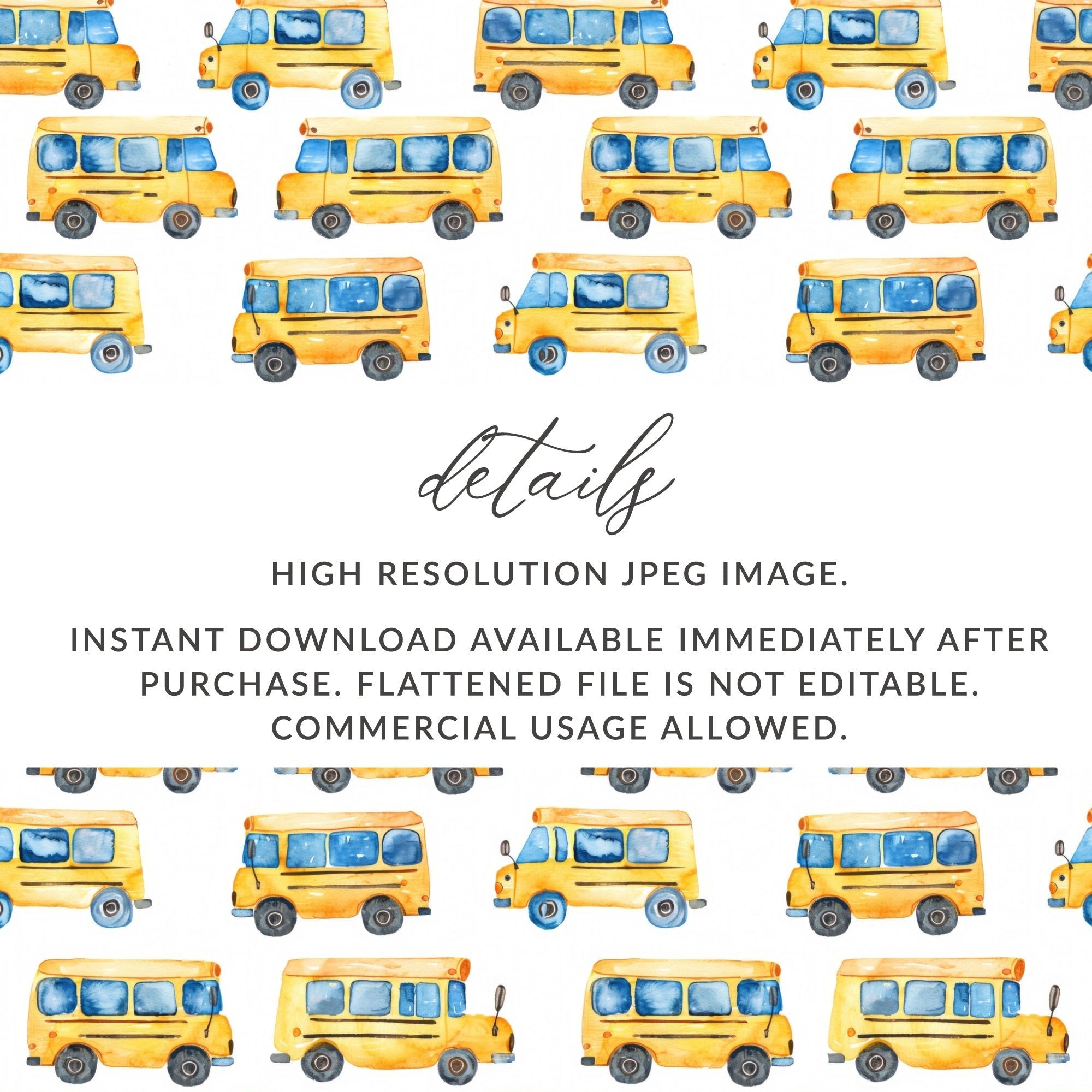 School Bus Pattern Digital Paper, Watercolor Buses, Seamless Repeat Pattern, Yellow Vehicle Design, Back to School Digital Download - Moore and Mountain