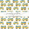 School Bus Pattern Digital Paper, Watercolor Buses, Seamless Repeat Pattern, Yellow Vehicle Design, Back to School Digital Download - Moore and Mountain