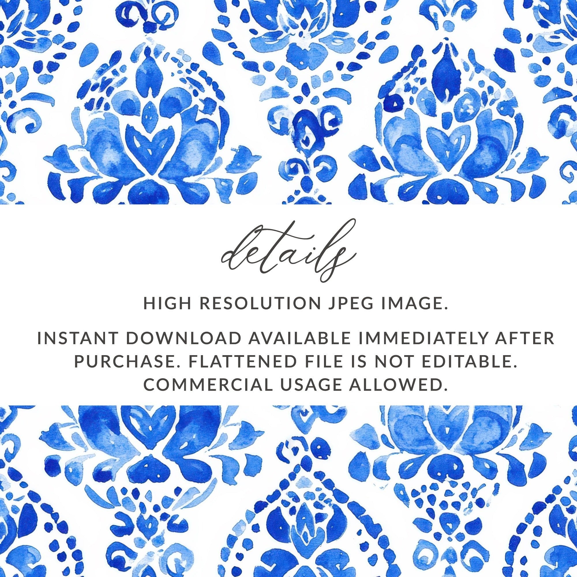 Seamless Art Noveau Pattern Intricate Floral in Blue and White Watercolors Digital - Moore and Mountain