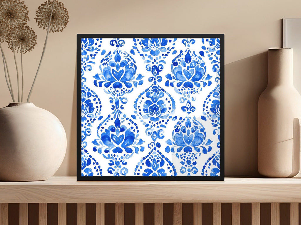 Seamless Art Noveau Pattern Intricate Floral in Blue and White Watercolors Digital - Moore and Mountain