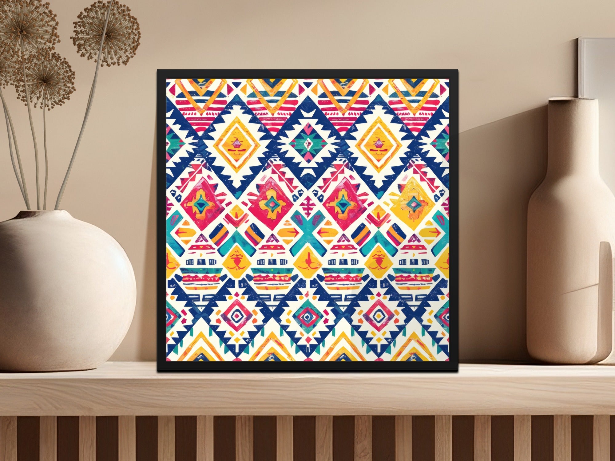 Vibrant Geometric Tribal Pattern Framed Wall Art Decor