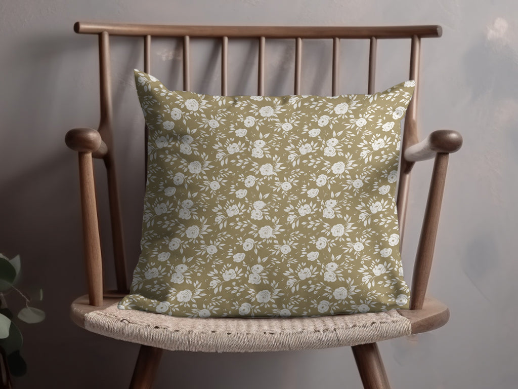 Olive Green Floral Pattern Decorative Cushion Cover
