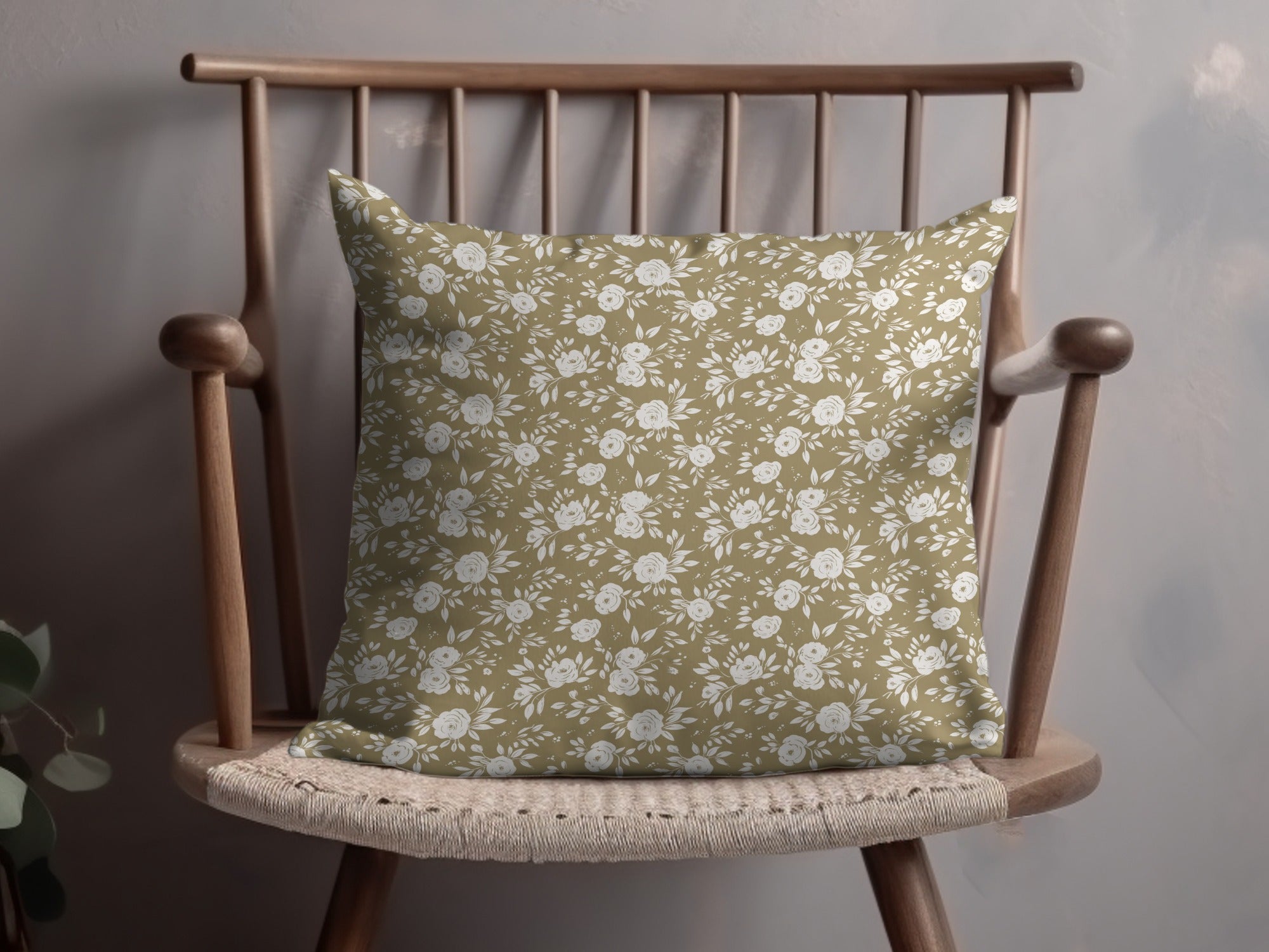 Olive Green Floral Pattern Decorative Cushion Cover