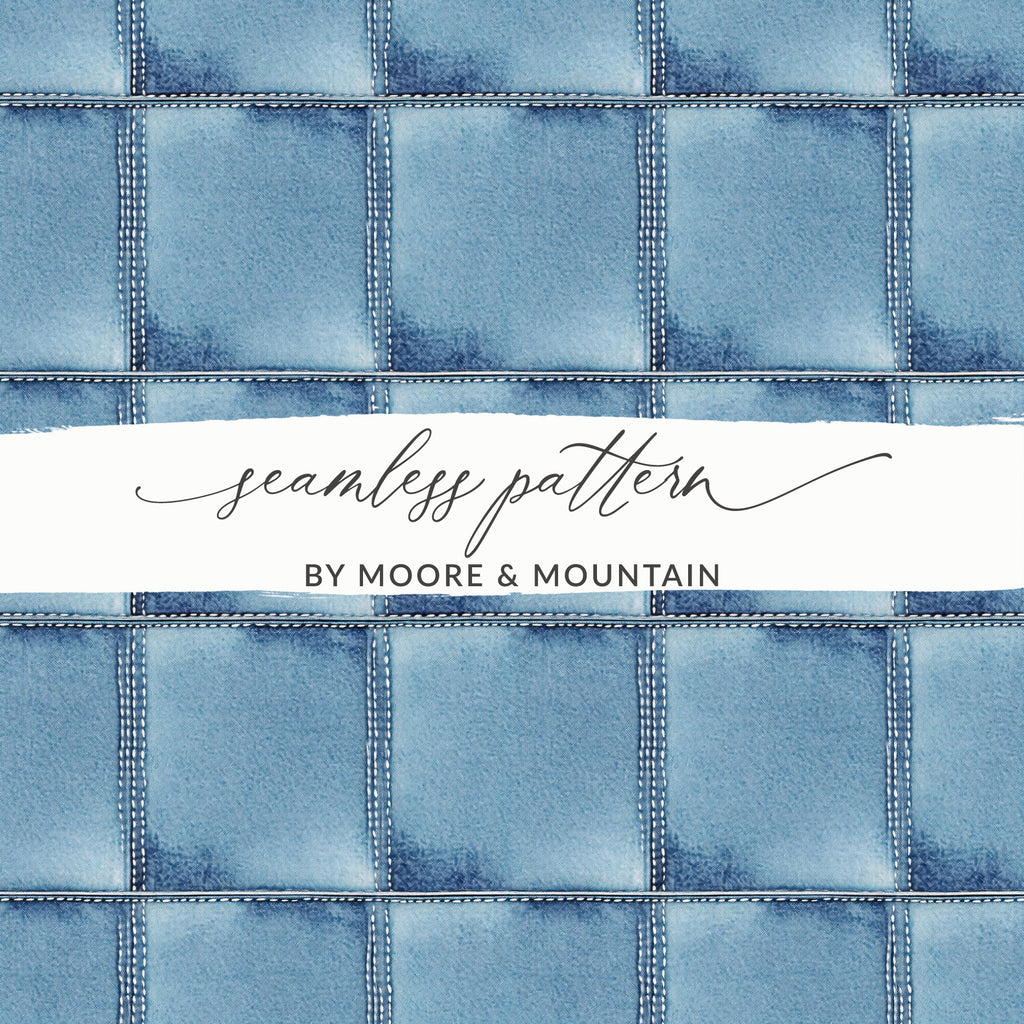 Seamless Denim Quilted Squares Detailed Blue Jeans Texture - Moore and Mountain