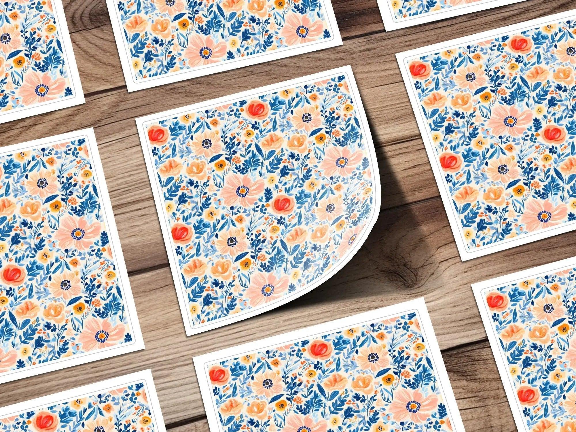 Seamless Ditsy  Floral Pattern Digital Paper, Peach, Blue, Botanical, Commercial Use, Print on Demand, 12x12 Inch JPEG - Moore and Mountain