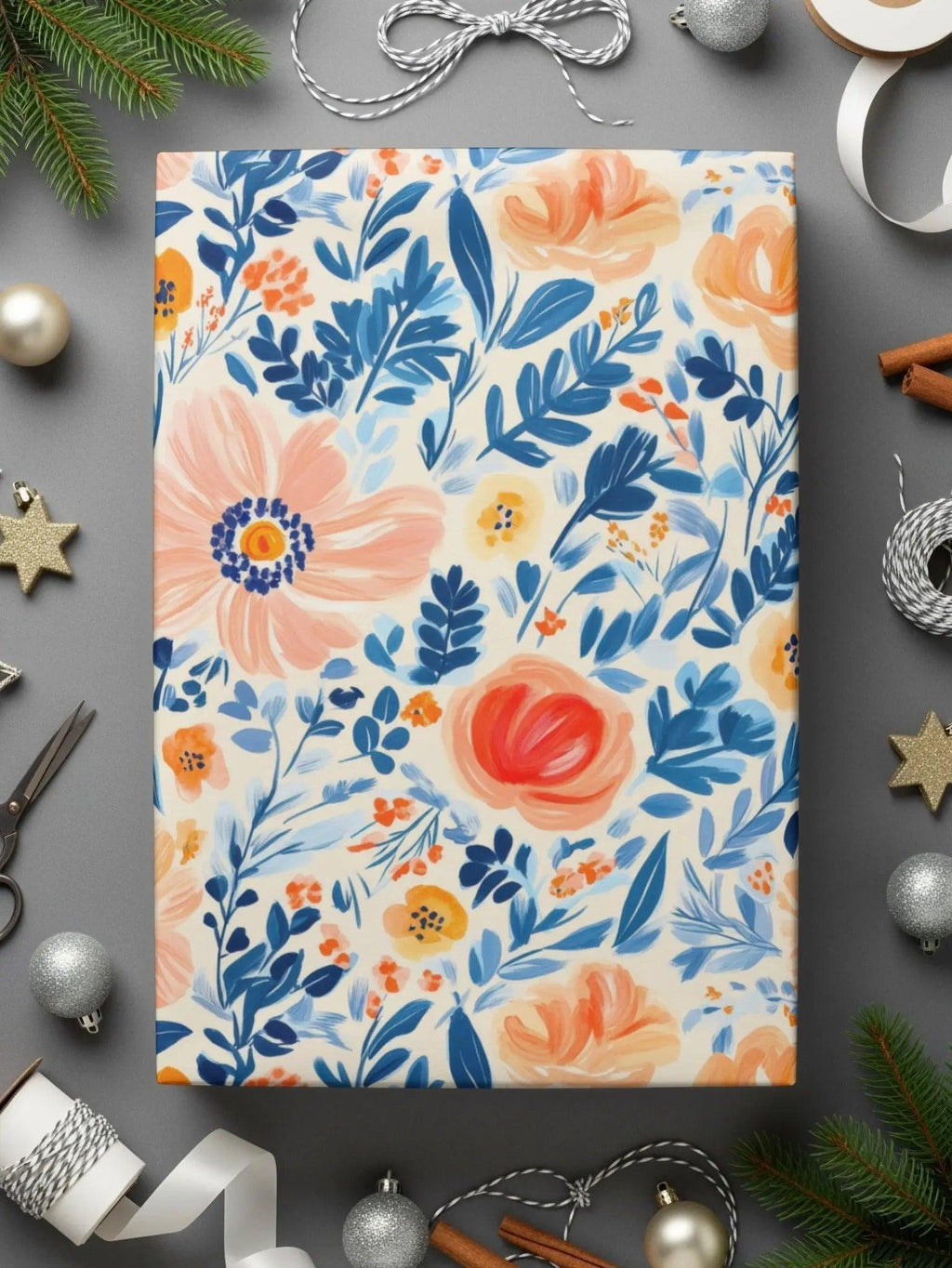 Seamless Ditsy  Floral Pattern Digital Paper, Peach, Blue, Botanical, Commercial Use, Print on Demand, 12x12 Inch JPEG - Moore and Mountain