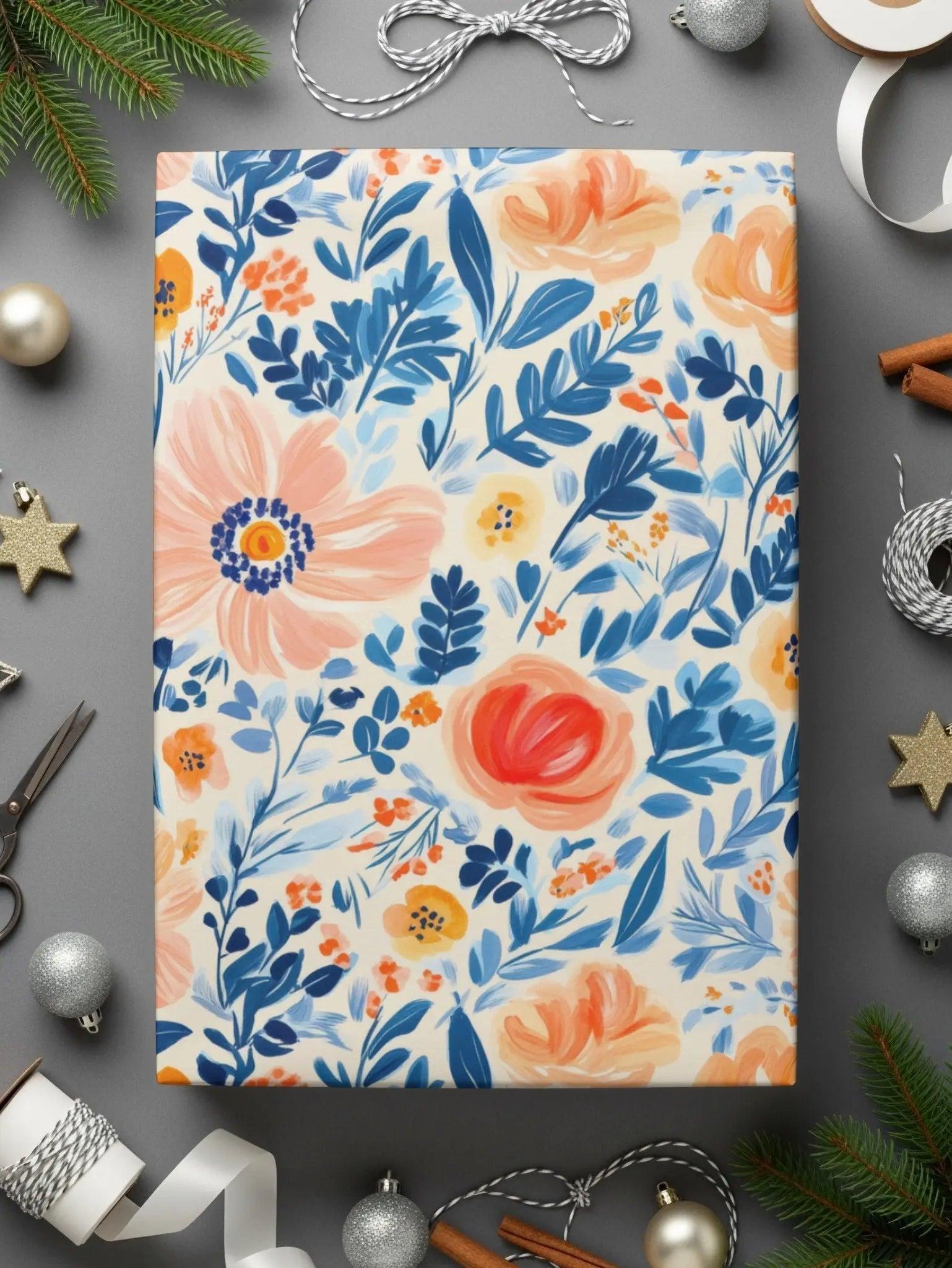 Seamless Ditsy  Floral Pattern Digital Paper, Peach, Blue, Botanical, Commercial Use, Print on Demand, 12x12 Inch JPEG - Moore and Mountain