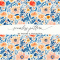 Seamless Ditsy  Floral Pattern Digital Paper, Peach, Blue, Botanical, Commercial Use, Print on Demand, 12x12 Inch JPEG - Moore and Mountain