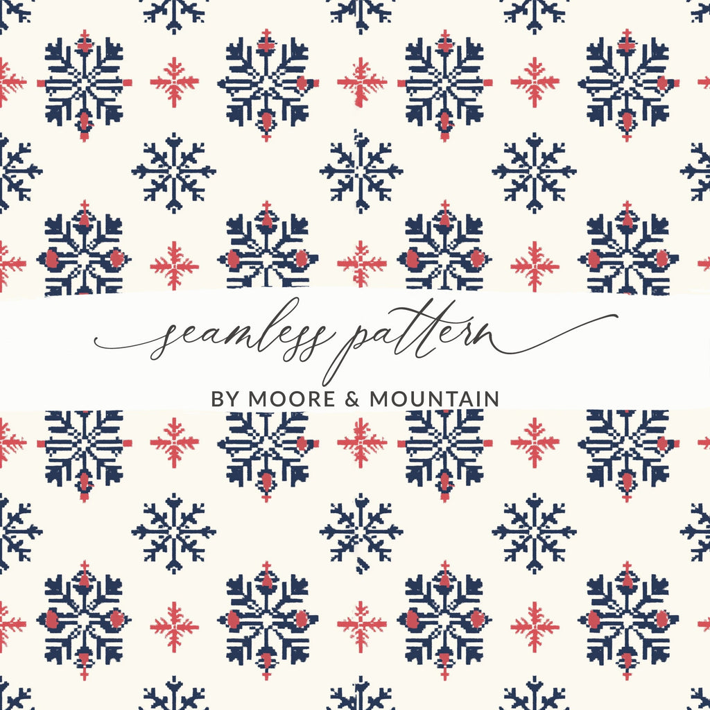 Seamless Festive Snowflake Pattern Digital Download - Blue and Red Christmas Design - Winter Holiday Background - Moore and Mountain