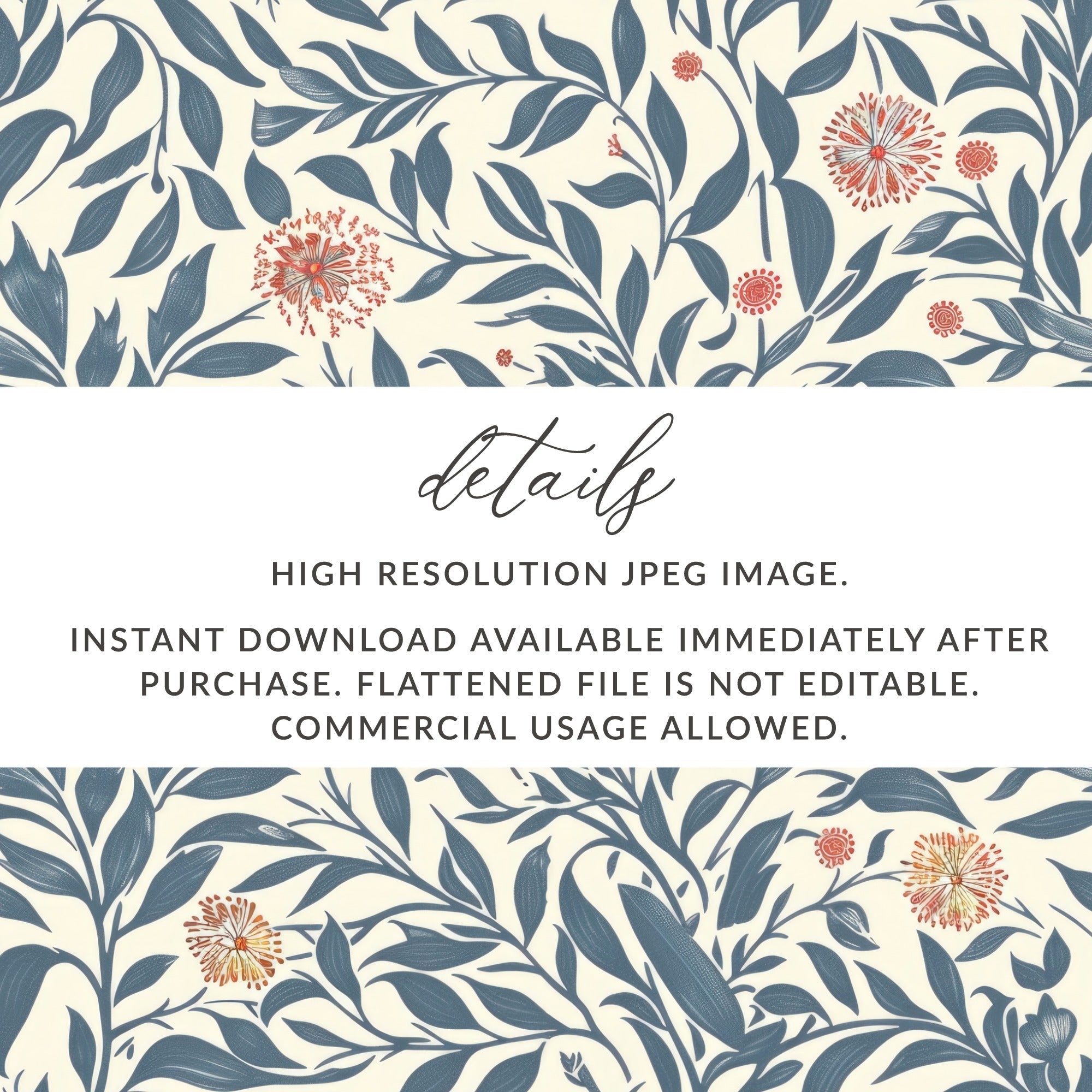 Seamless Floral Digital Pattern, Botanical Illustration Print, Blue Leaves and Red Flowers, Digital Paper Pack, Scrapbooking, Fabric Design - Moore and Mountain