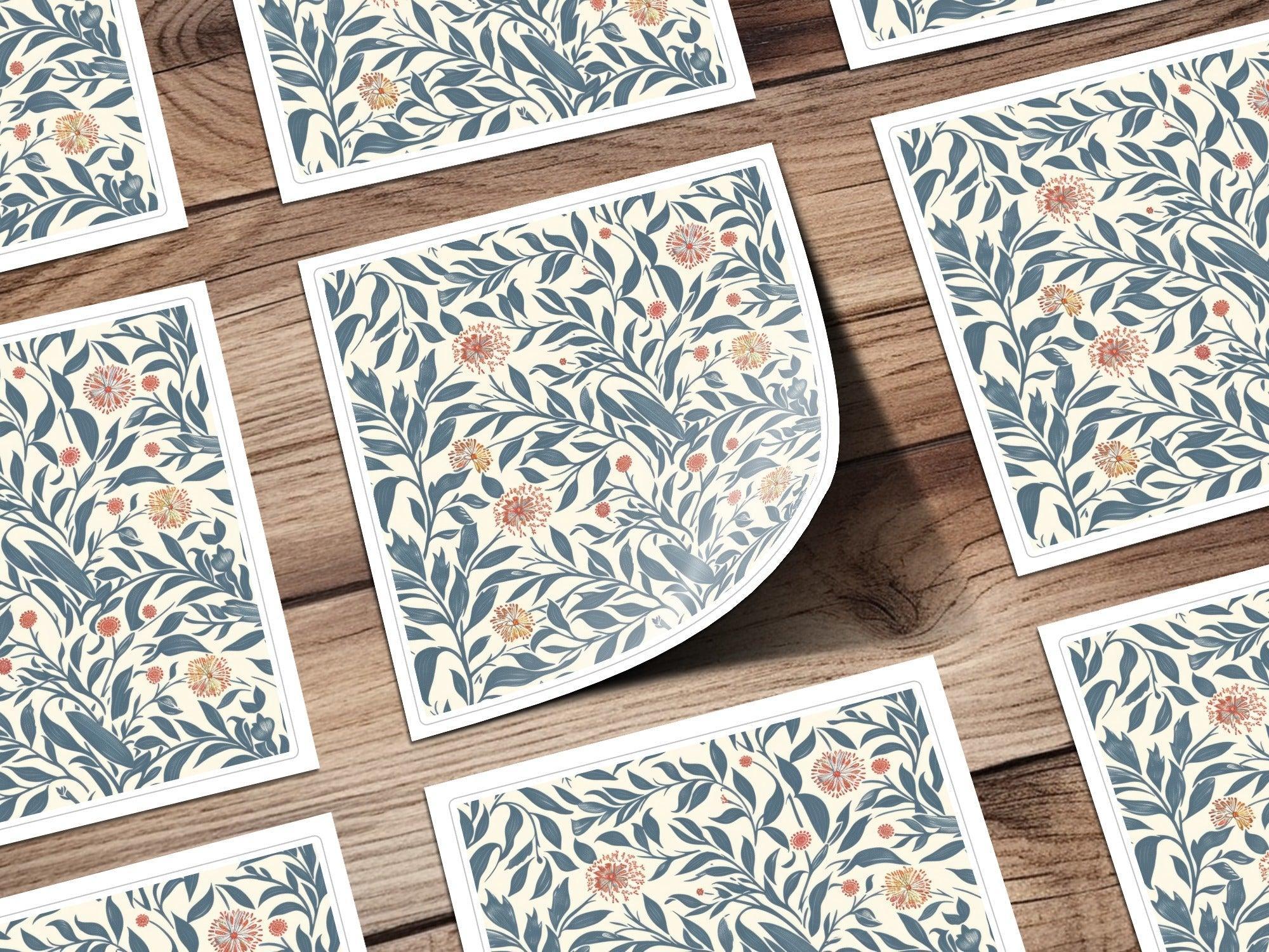 Seamless Floral Digital Pattern, Botanical Illustration Print, Blue Leaves and Red Flowers, Digital Paper Pack, Scrapbooking, Fabric Design - Moore and Mountain
