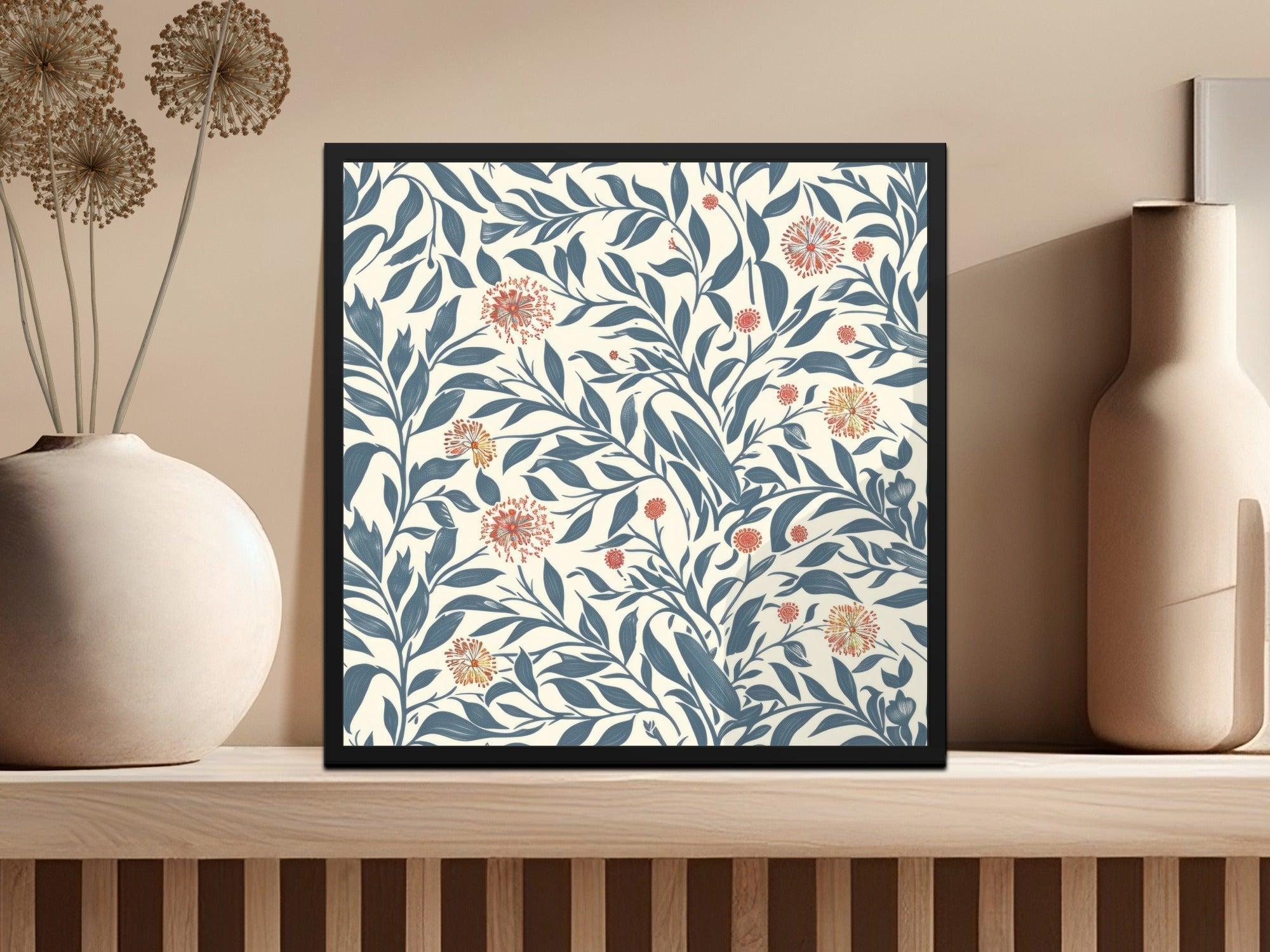 Seamless Floral Digital Pattern, Botanical Illustration Print, Blue Leaves and Red Flowers, Digital Paper Pack, Scrapbooking, Fabric Design - Moore and Mountain