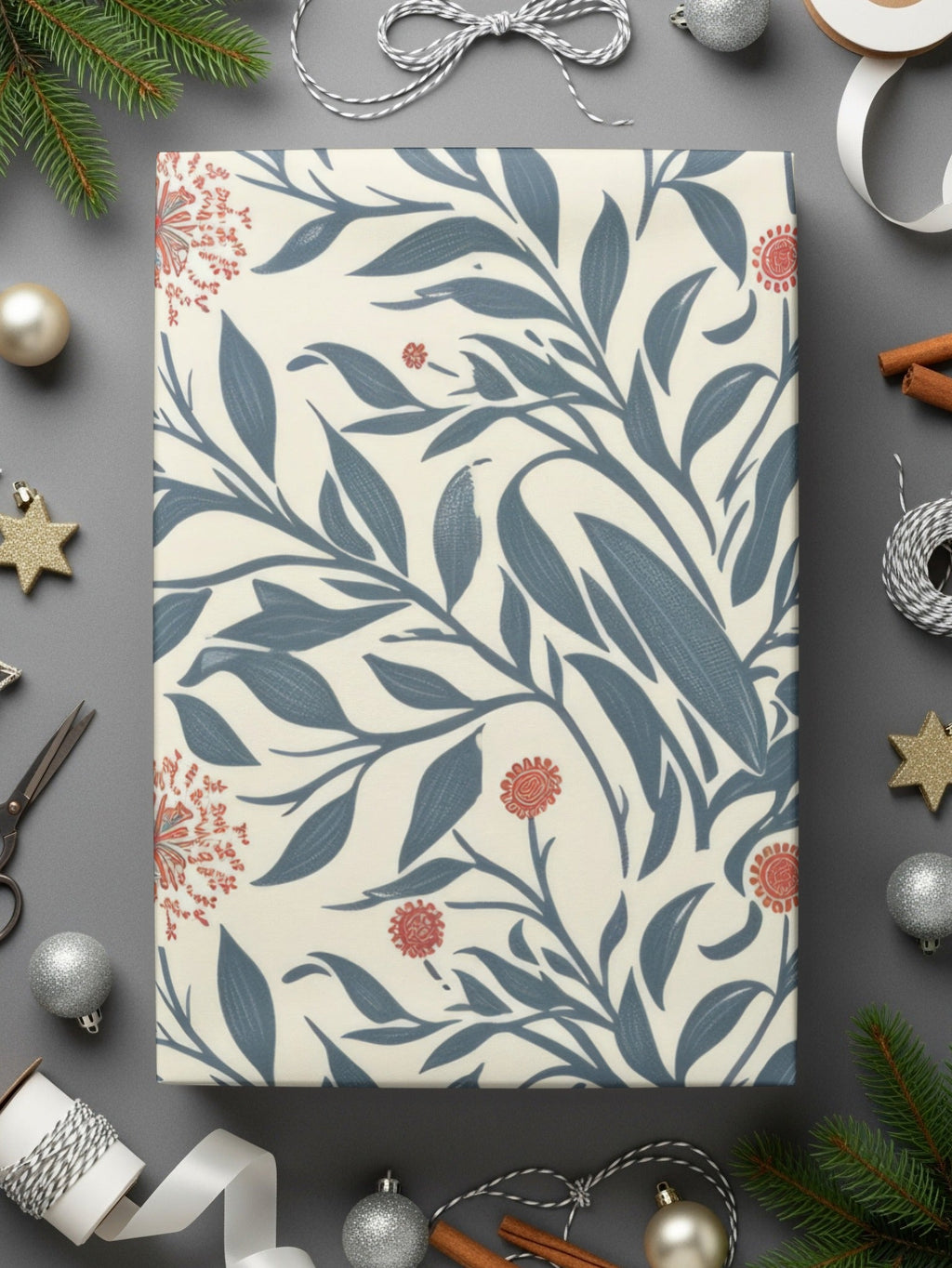 Seamless Floral Digital Pattern, Botanical Illustration Print, Blue Leaves and Red Flowers, Digital Paper Pack, Scrapbooking, Fabric Design - Moore and Mountain