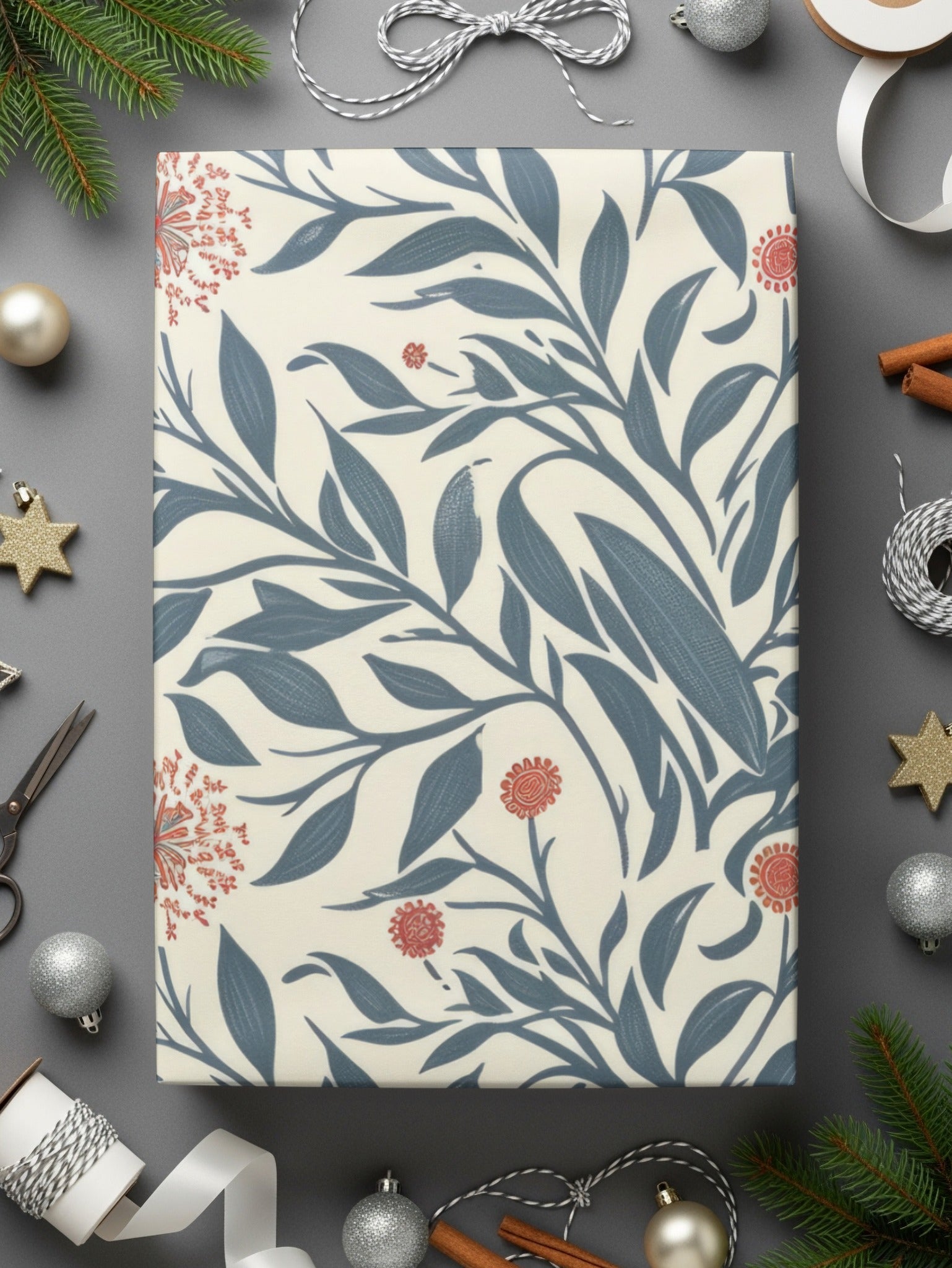 Seamless Floral Digital Pattern, Botanical Illustration Print, Blue Leaves and Red Flowers, Digital Paper Pack, Scrapbooking, Fabric Design - Moore and Mountain