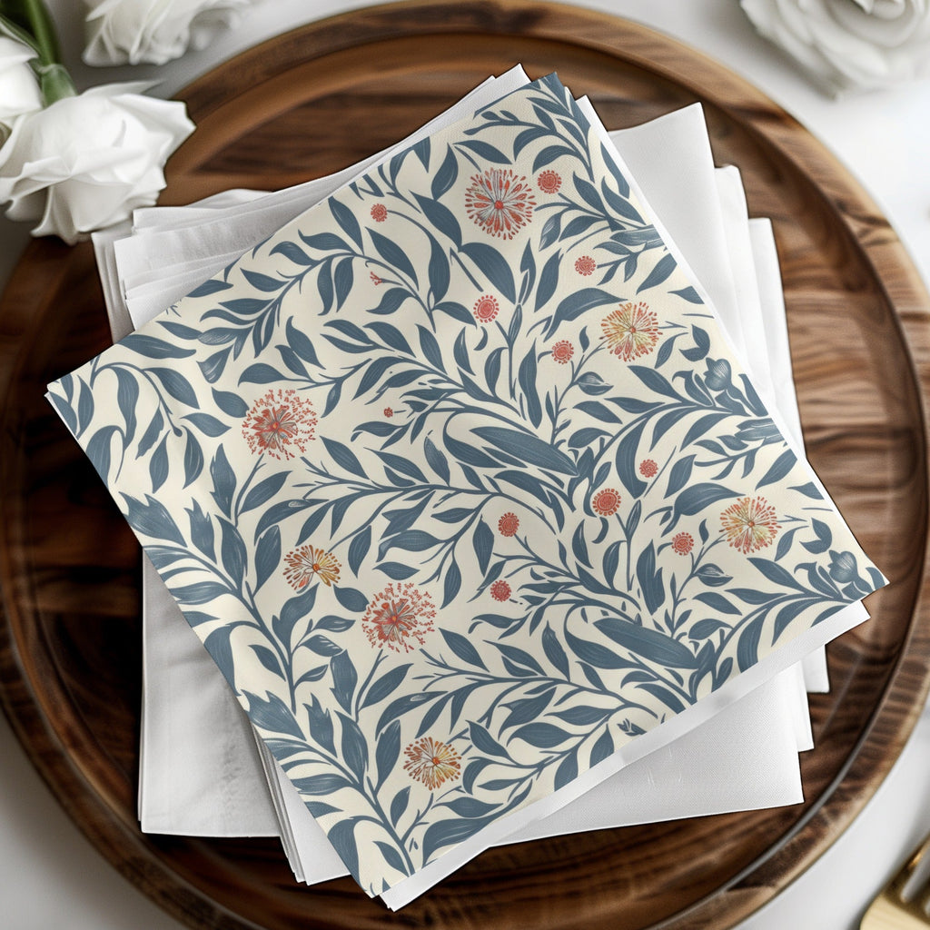 Seamless Floral Digital Pattern, Botanical Illustration Print, Blue Leaves and Red Flowers, Digital Paper Pack, Scrapbooking, Fabric Design - Moore and Mountain