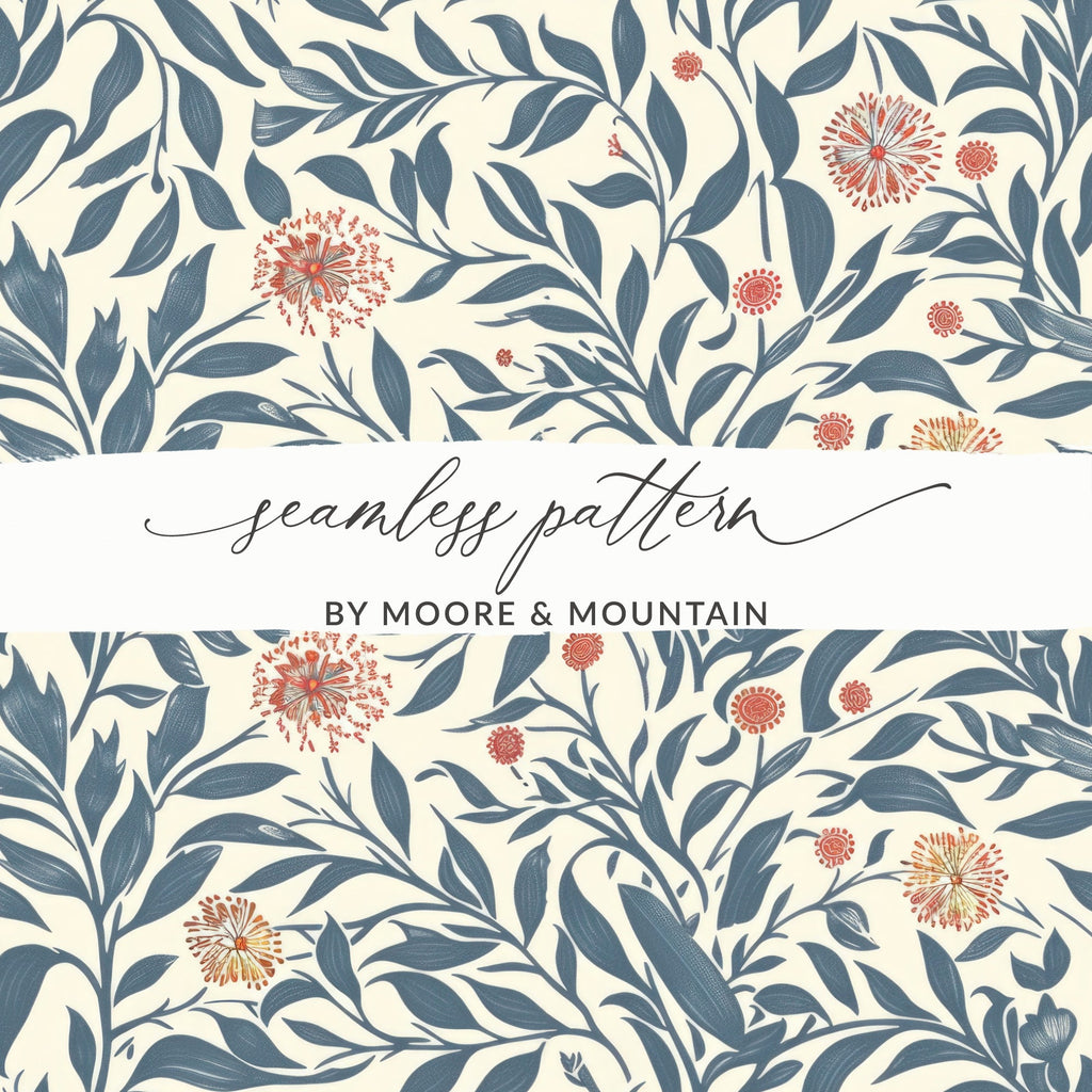 Seamless Floral Digital Pattern, Botanical Illustration Print, Blue Leaves and Red Flowers, Digital Paper Pack, Scrapbooking, Fabric Design - Moore and Mountain