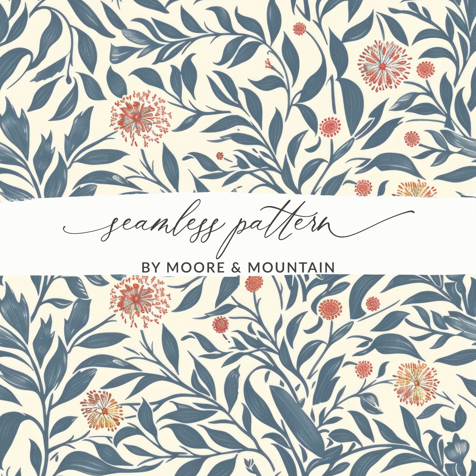 Seamless Floral Digital Pattern, Botanical Illustration Print, Blue Leaves and Red Flowers, Digital Paper Pack, Scrapbooking, Fabric Design - Moore and Mountain