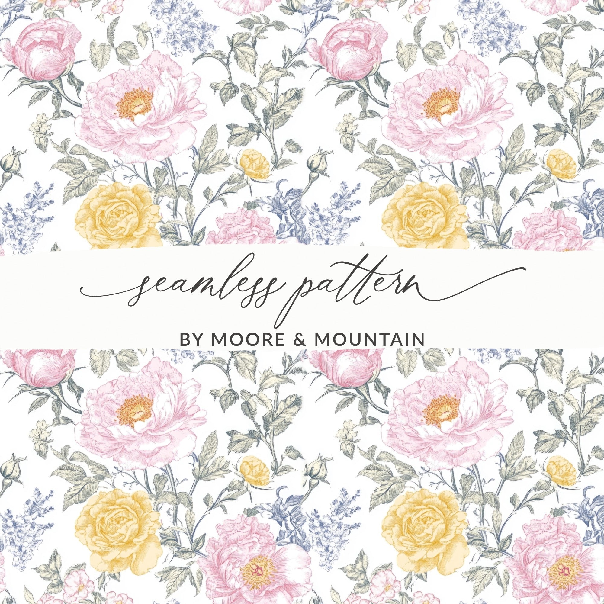 Seamless Floral Pattern, Pink Peony, Yellow Rose, Digital Paper, Repeating Background, Flower Print, Fabric Design, Digital Product - Moore and Mountain