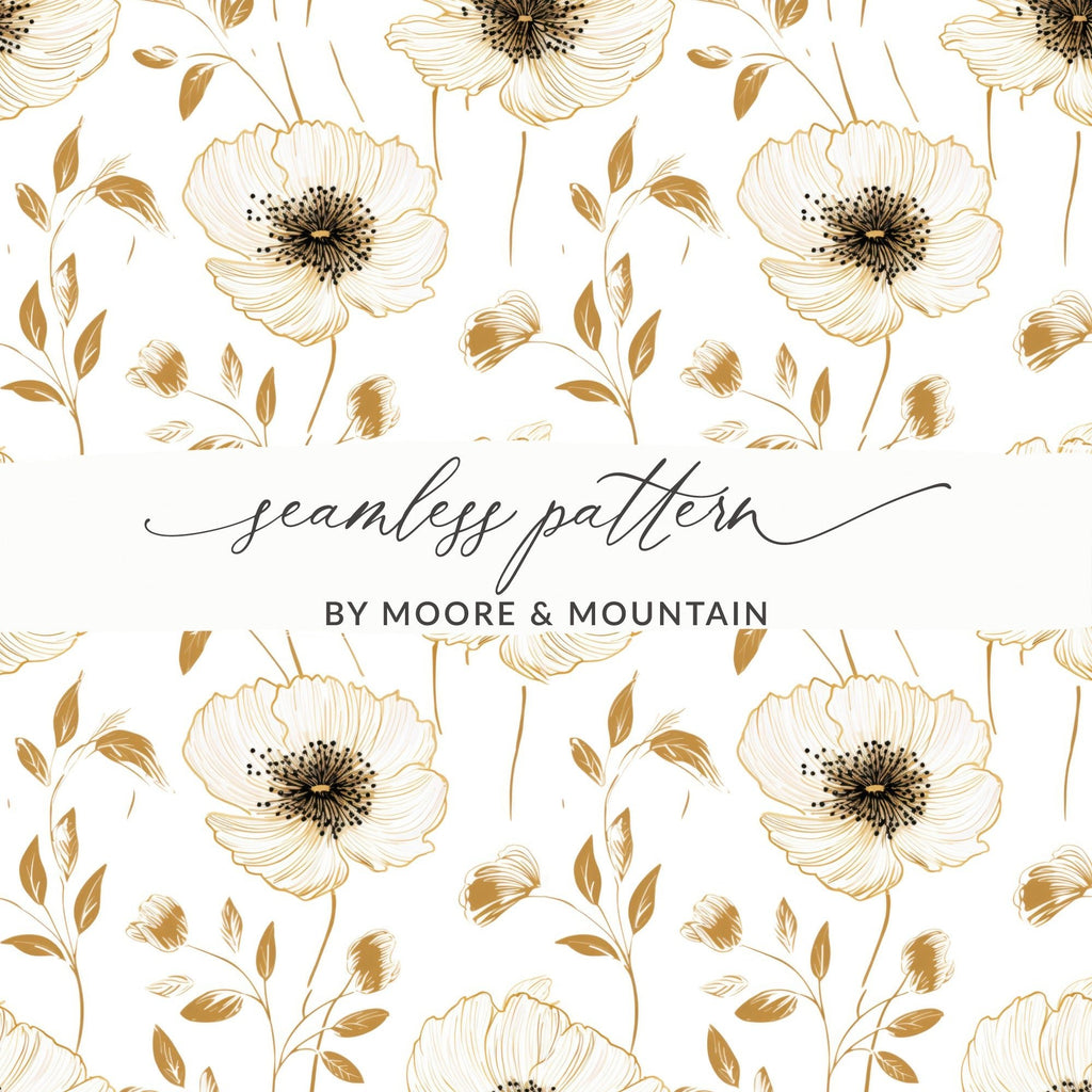 Seamless Floral Pattern, White and Gold Flowers, Digital Paper, Printable Background, Scrapbooking Paper, Floral Design, Digital Product - Moore and Mountain