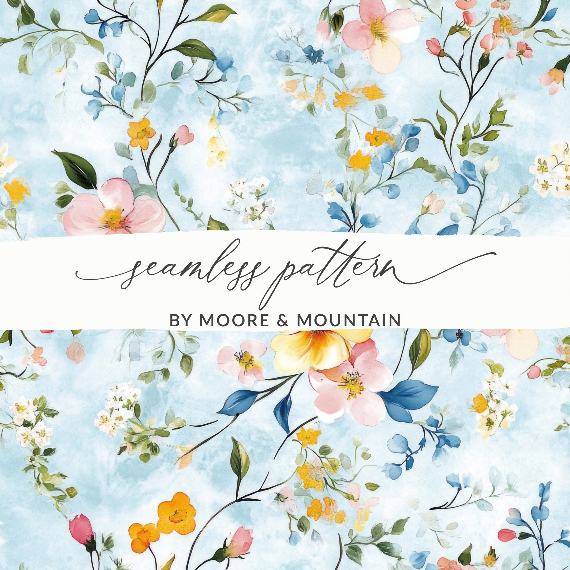 Seamless Grandmillenial Blue Floral Watercolor Design Digital - Moore and Mountain