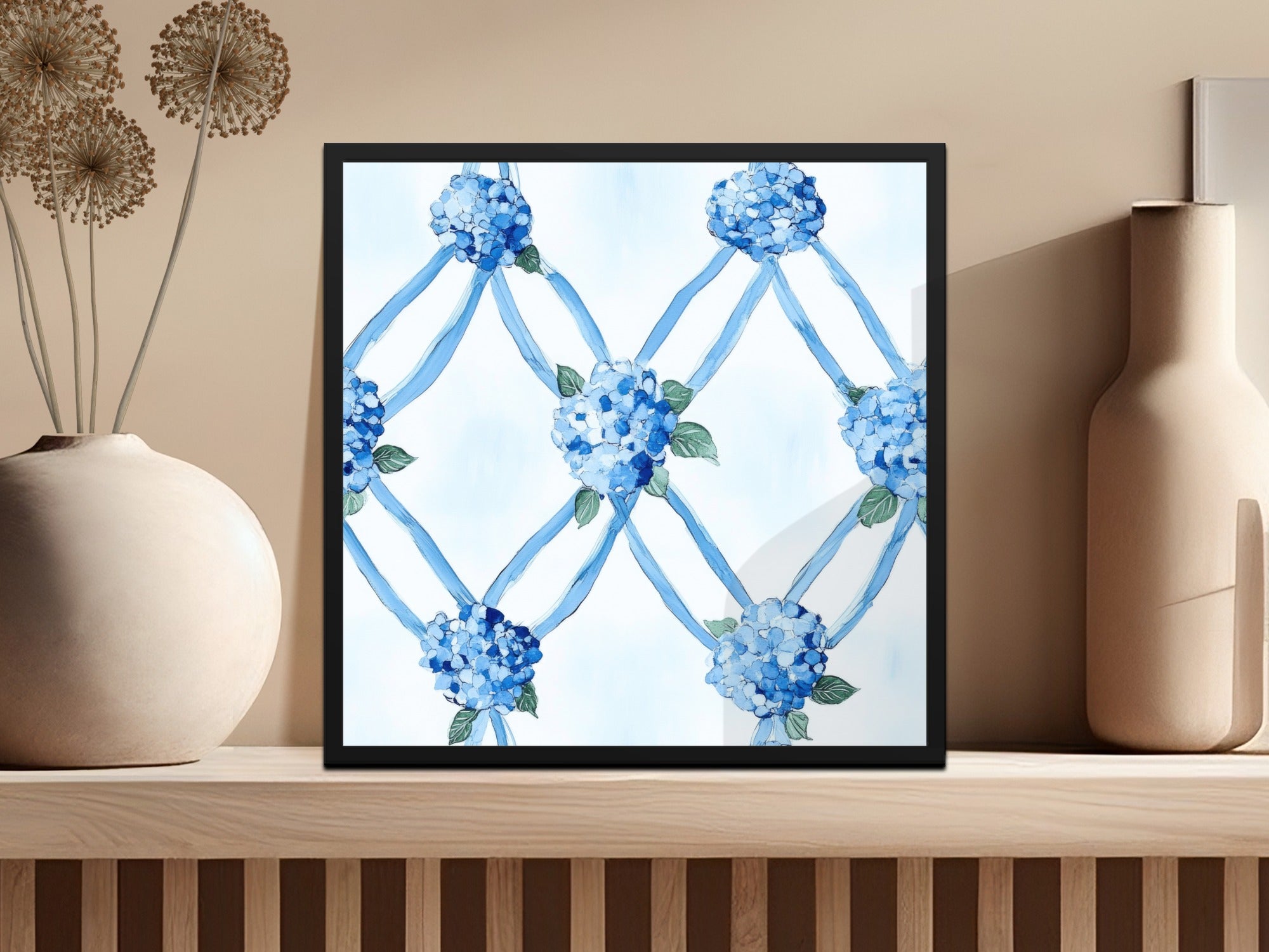 Seamless Grandmillenial Blue Hydrangea Trellis Digital - Moore and Mountain