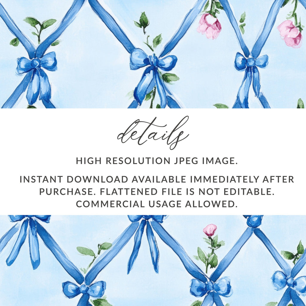 Seamless Grandmillenial Blue Ribbons Trellis with Roses Digital - Moore and Mountain