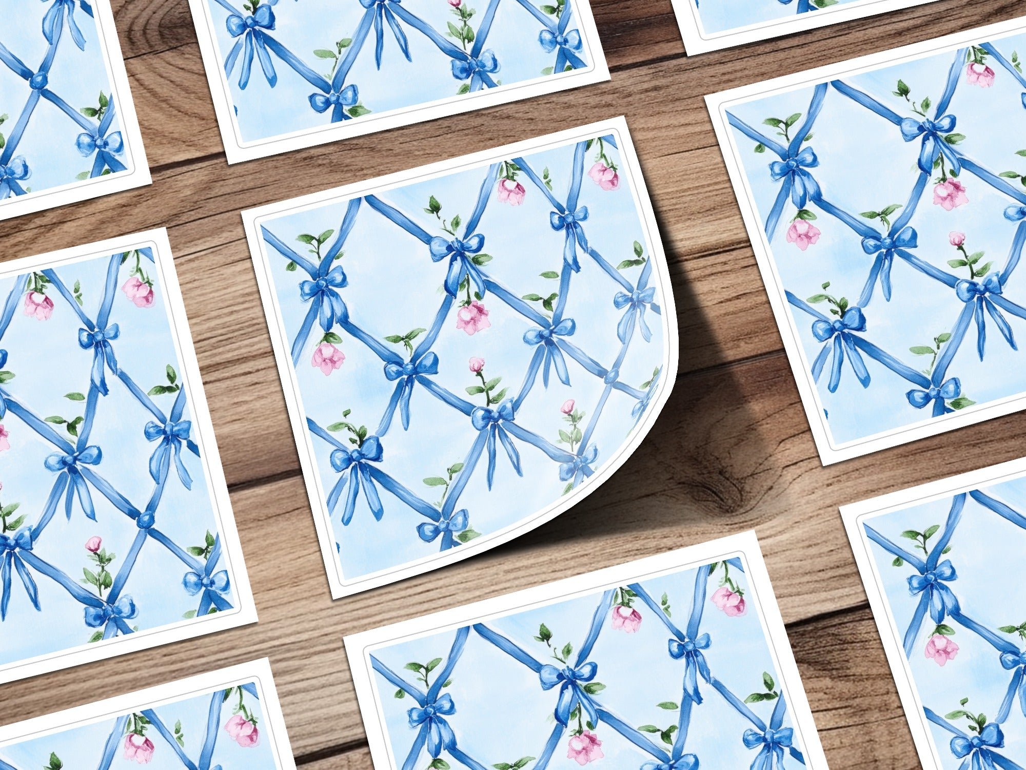Seamless Grandmillenial Blue Ribbons Trellis with Roses Digital - Moore and Mountain
