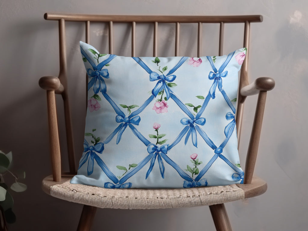 Seamless Grandmillenial Blue Ribbons Trellis with Roses Digital - Moore and Mountain