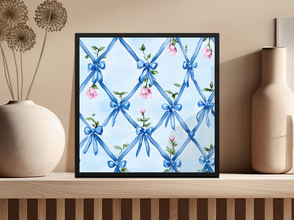 Seamless Grandmillenial Blue Ribbons Trellis with Roses Digital - Moore and Mountain