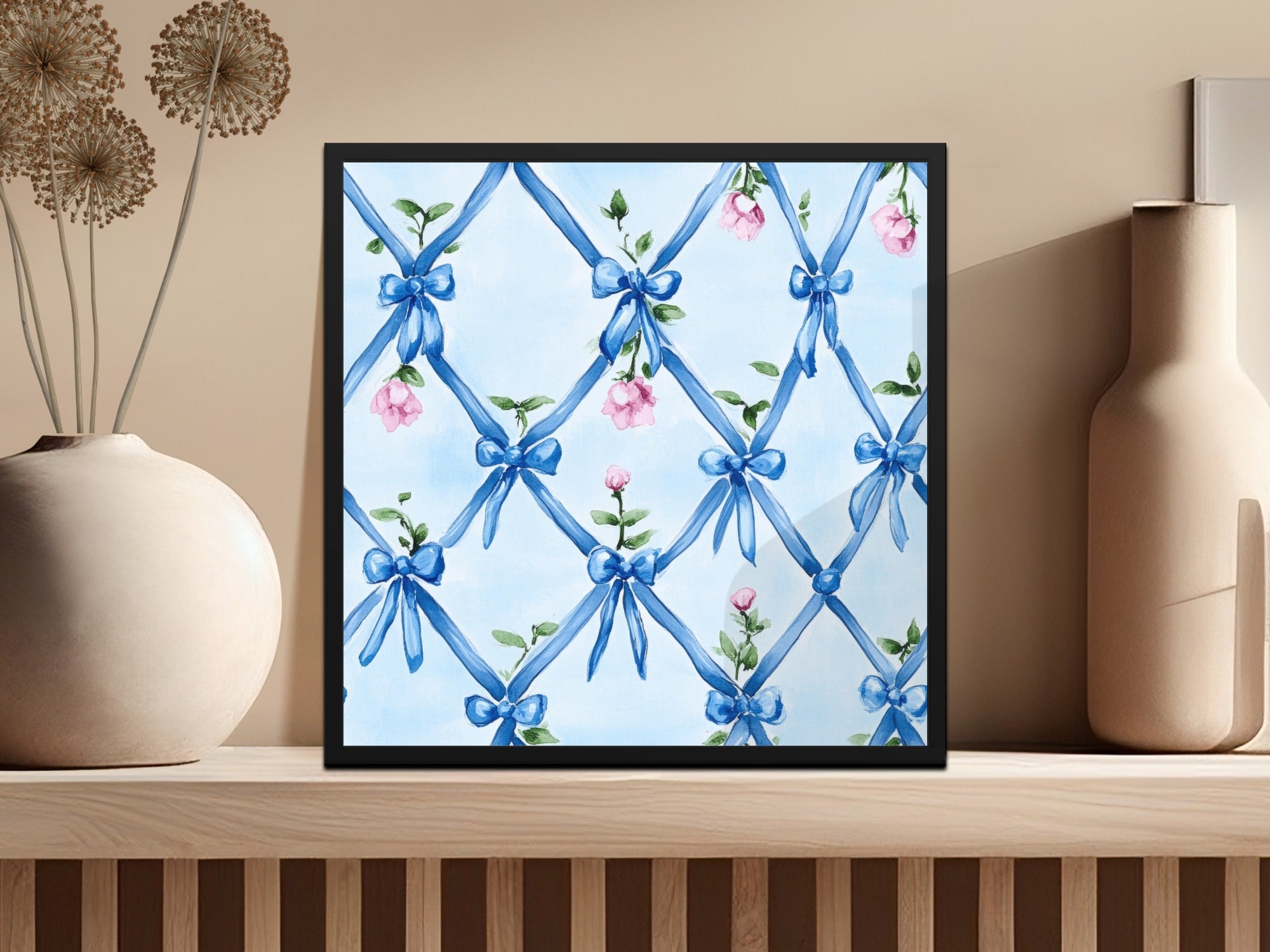 Seamless Grandmillenial Blue Ribbons Trellis with Roses Digital - Moore and Mountain