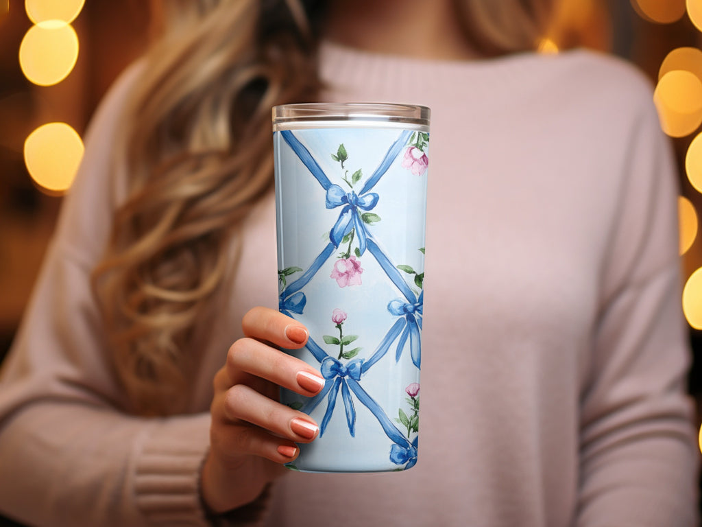 Seamless Grandmillenial Blue Ribbons Trellis with Roses Digital - Moore and Mountain