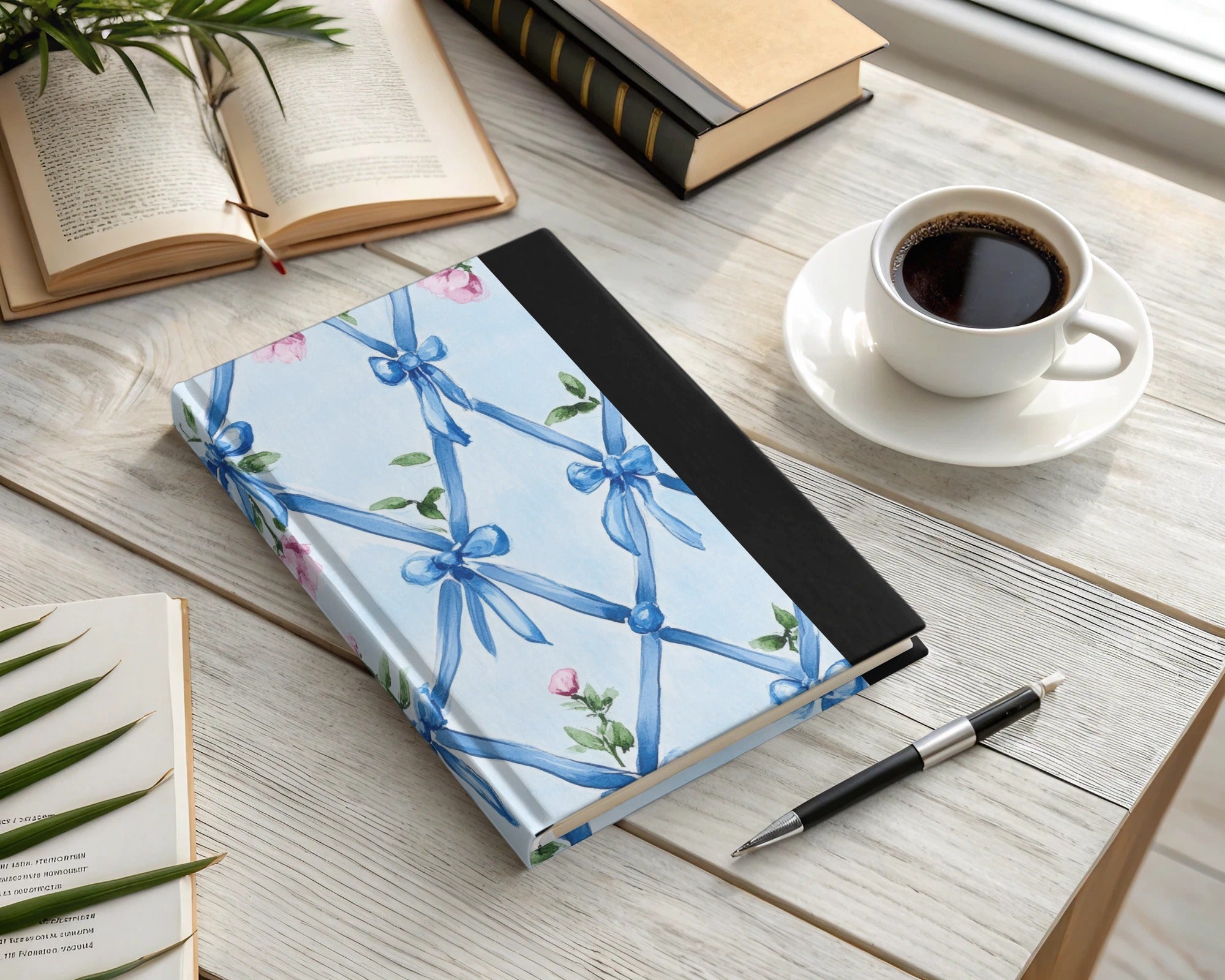 Seamless Grandmillenial Blue Ribbons Trellis with Roses Digital - Moore and Mountain