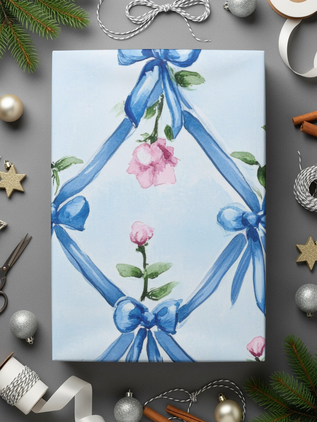 Seamless Grandmillenial Blue Ribbons Trellis with Roses Digital - Moore and Mountain