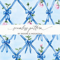 Seamless Grandmillenial Blue Ribbons Trellis with Roses Digital - Moore and Mountain