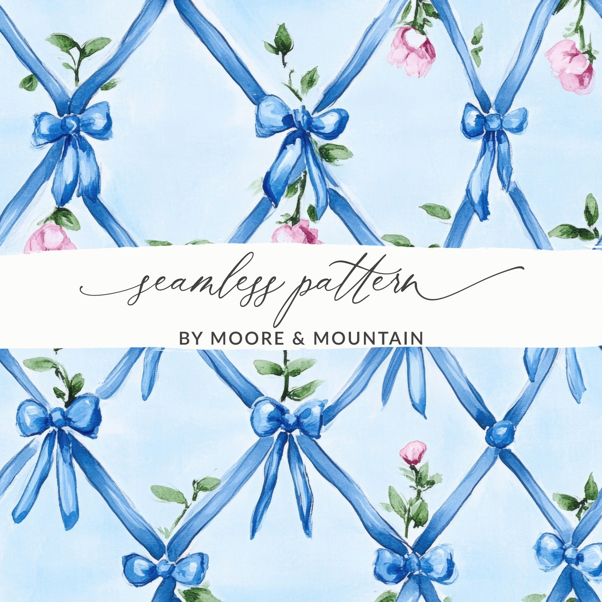 Seamless Grandmillenial Blue Ribbons Trellis with Roses Digital - Moore and Mountain