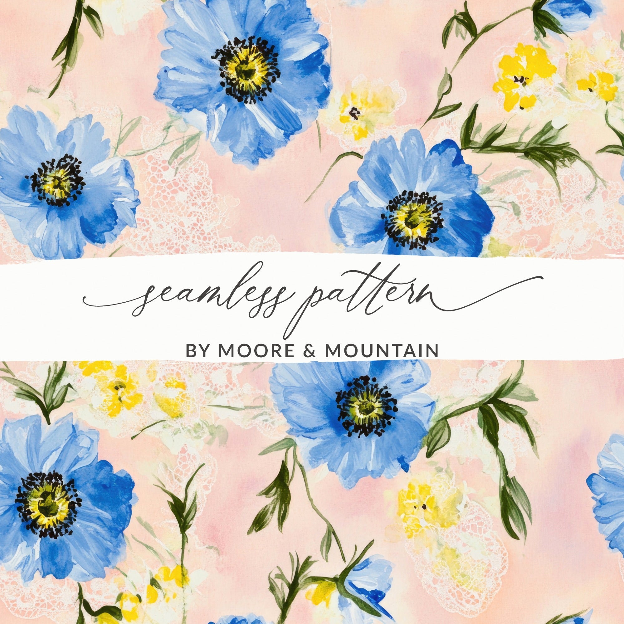 Seamless Grandmillenial Blue Yellow Flowers Pattern Digital - Moore and Mountain