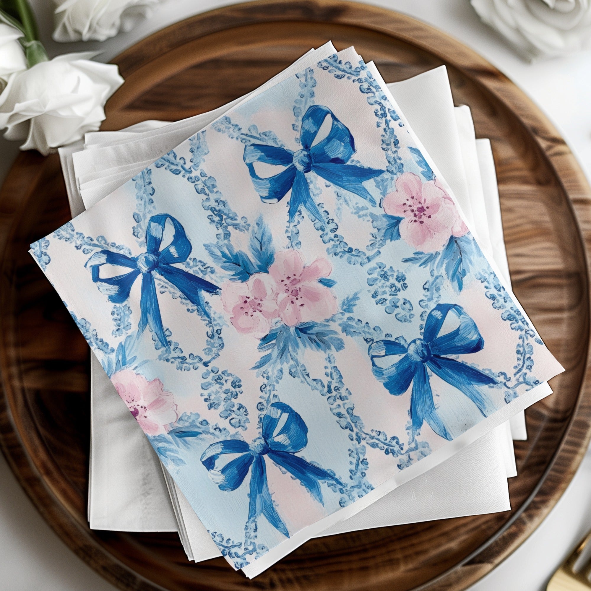Seamless Grandmillenial Bows and Flowers Blue Digital - Moore and Mountain