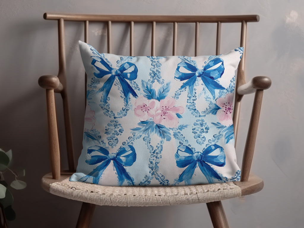 Seamless Grandmillenial Bows and Flowers Blue Digital - Moore and Mountain