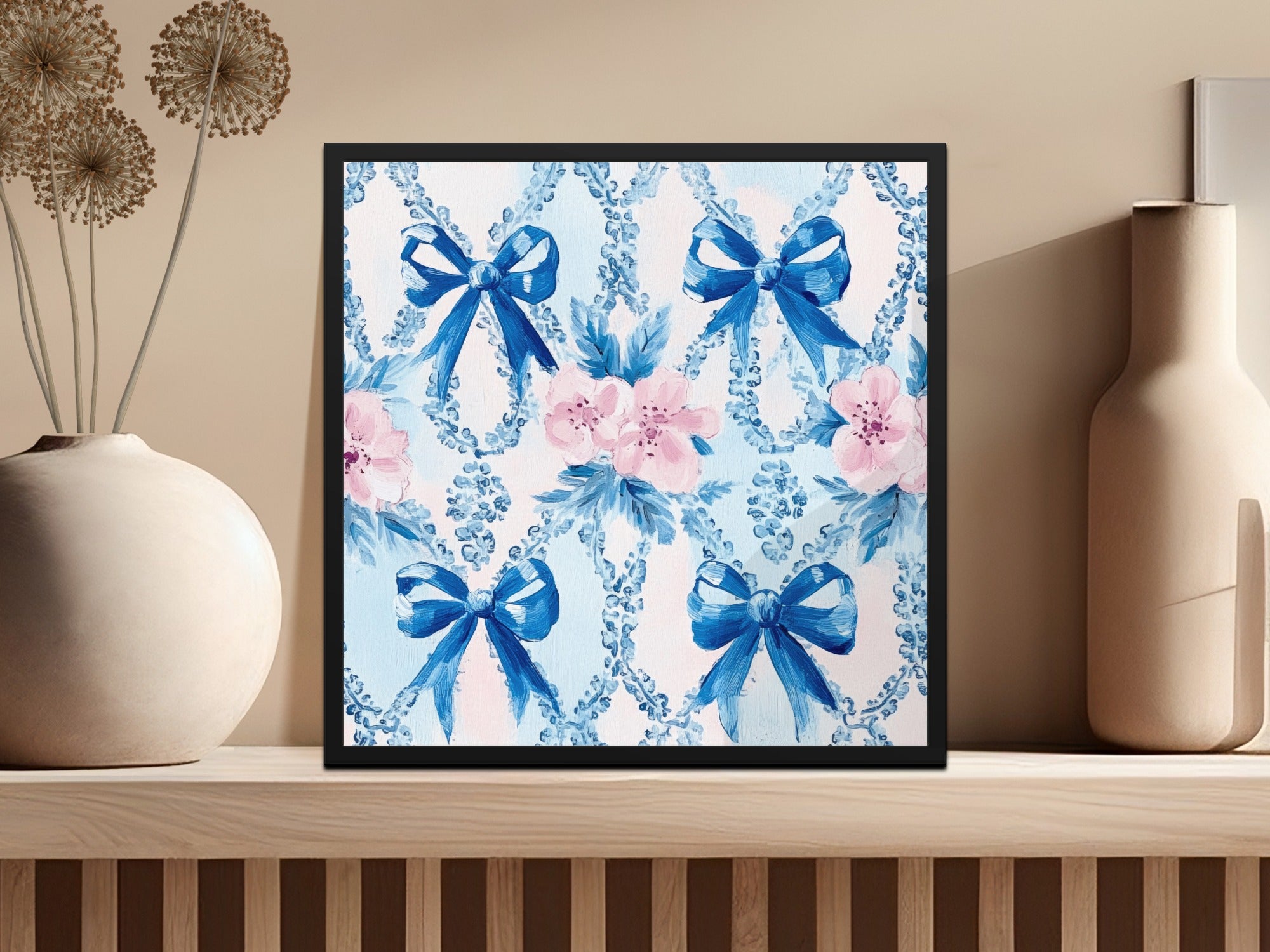 Seamless Grandmillenial Bows and Flowers Blue Digital - Moore and Mountain