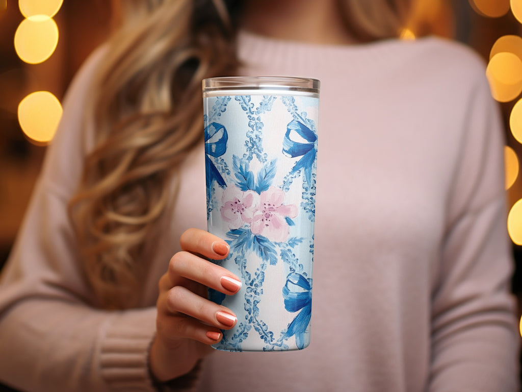 Seamless Grandmillenial Bows and Flowers Blue Digital - Moore and Mountain