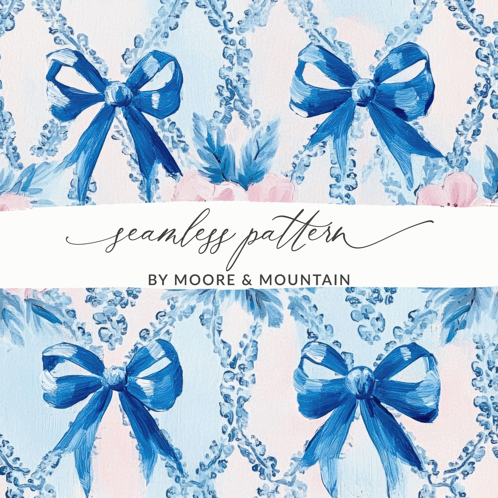 Seamless Grandmillenial Bows and Flowers Blue Digital - Moore and Mountain