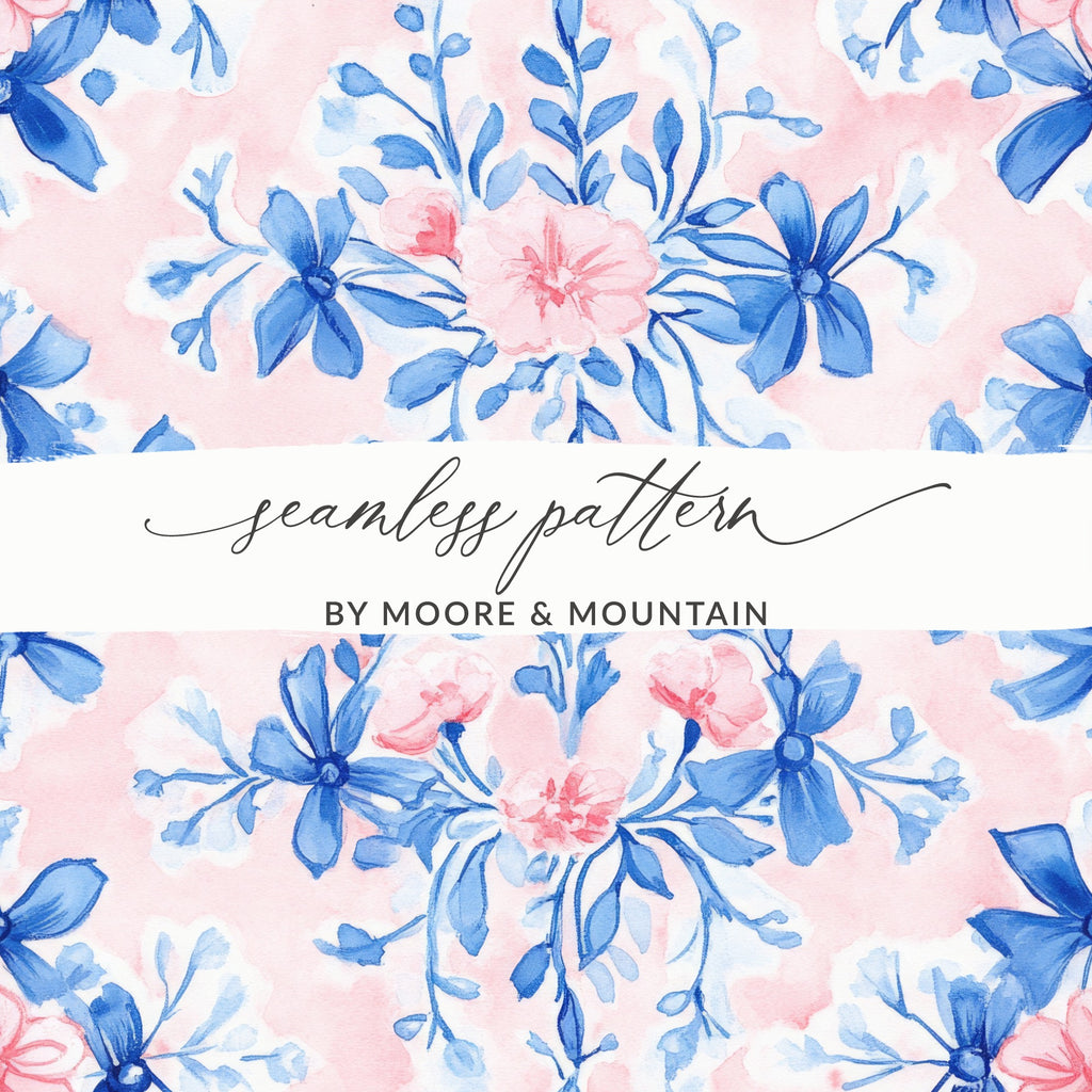 Seamless Grandmillenial Floral Design with Blue Flowers Digital - Moore and Mountain
