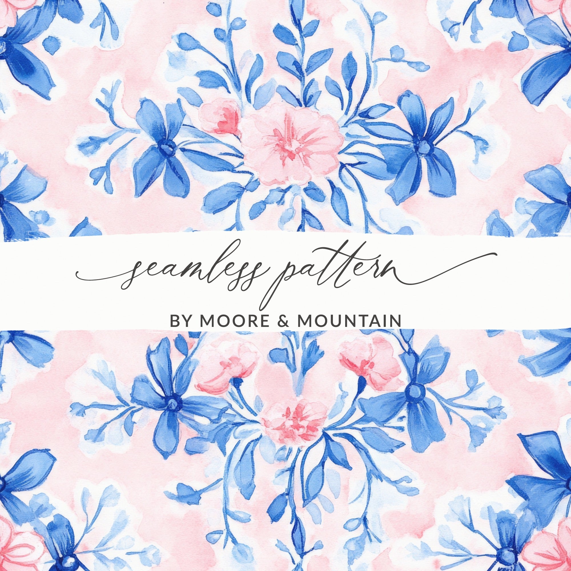 Seamless Grandmillenial Floral Design with Blue Flowers Digital - Moore and Mountain