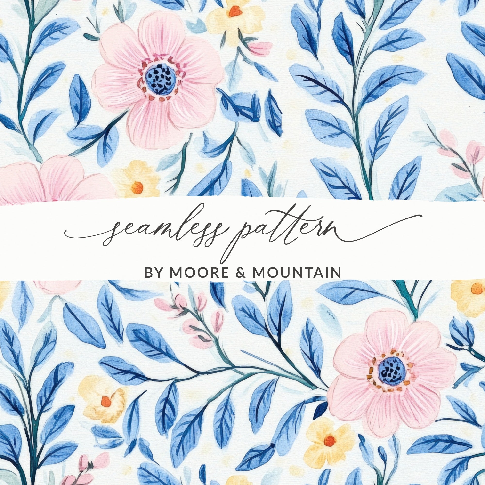 Seamless Grandmillenial Pink Flowers with Blue Leaves Digital - Moore and Mountain