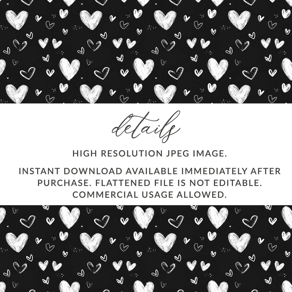 Seamless Heart Pattern Digital Paper, Black and White Hearts Background, Valentine's Day Texture, 12x12 inches JPEG Files - Moore and Mountain