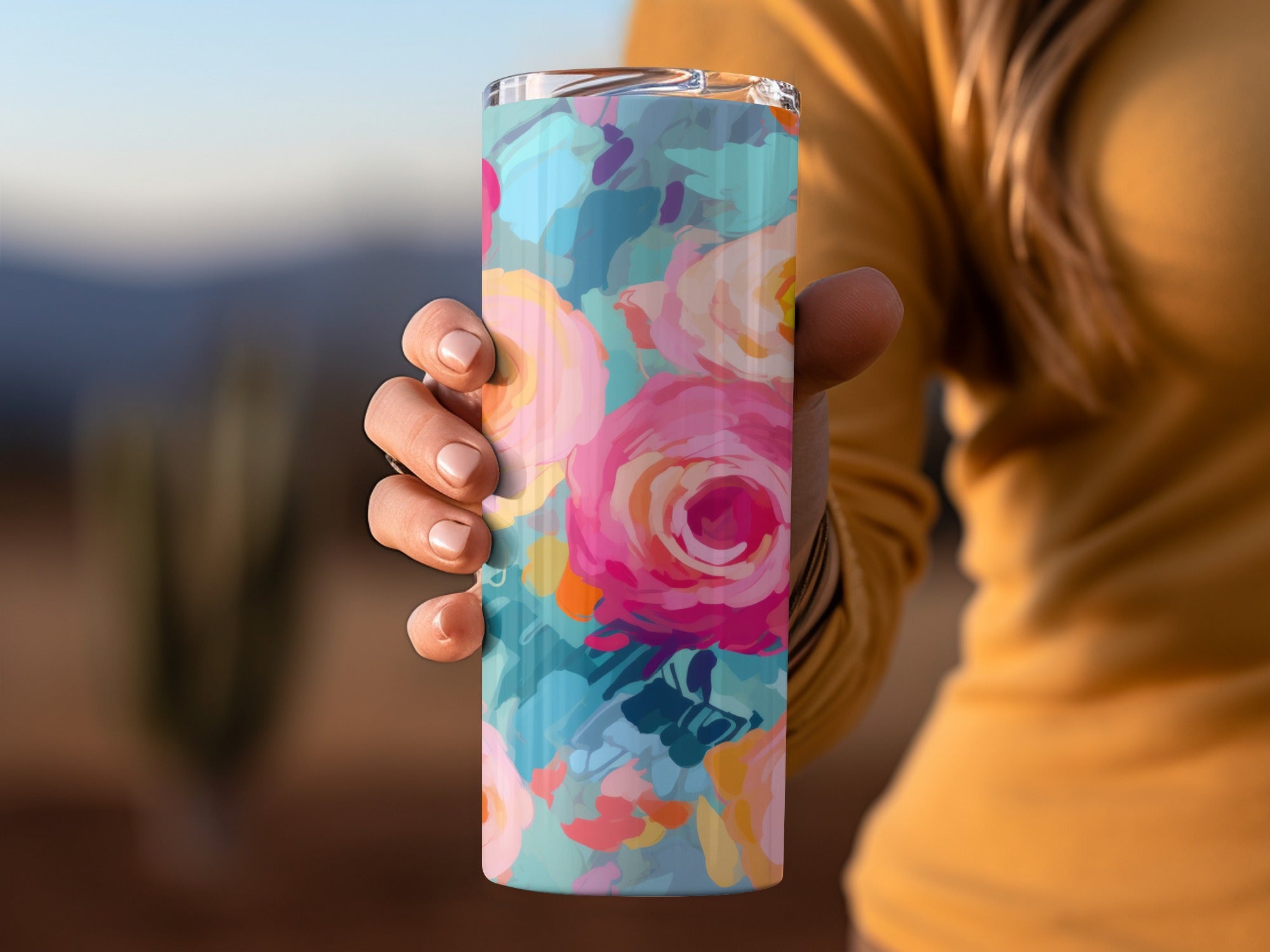 Vibrant Floral Patterned Tumbler with Colorful Roses Design