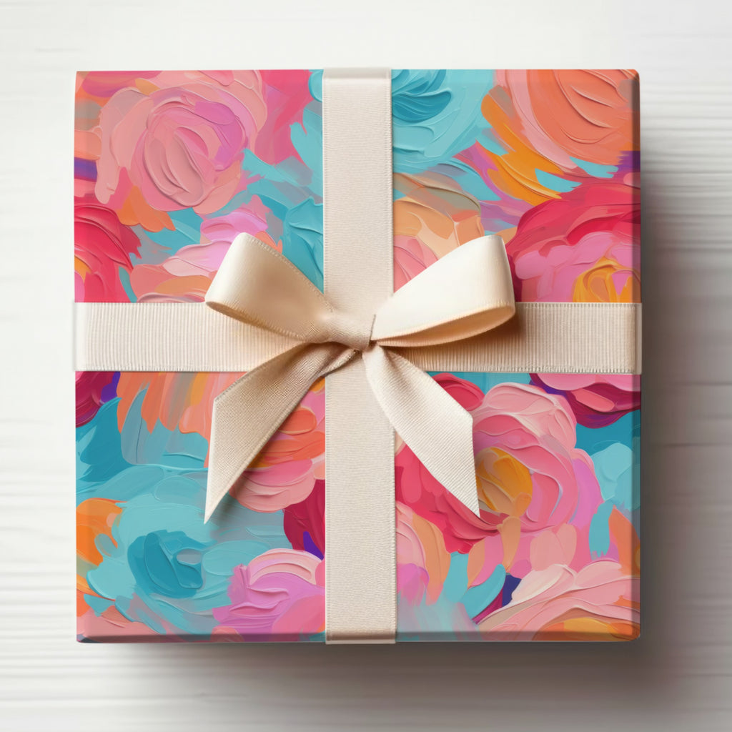 Vibrant Floral Gift Box with Ivory Ribbon Gift Wrap