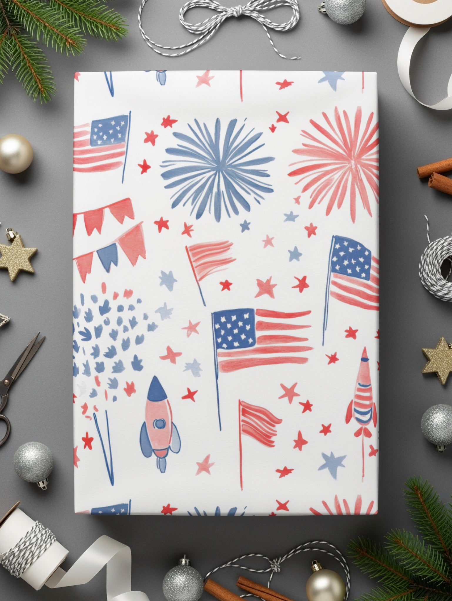 Patriotic Themed Rockets and Fireworks Wrapping Paper